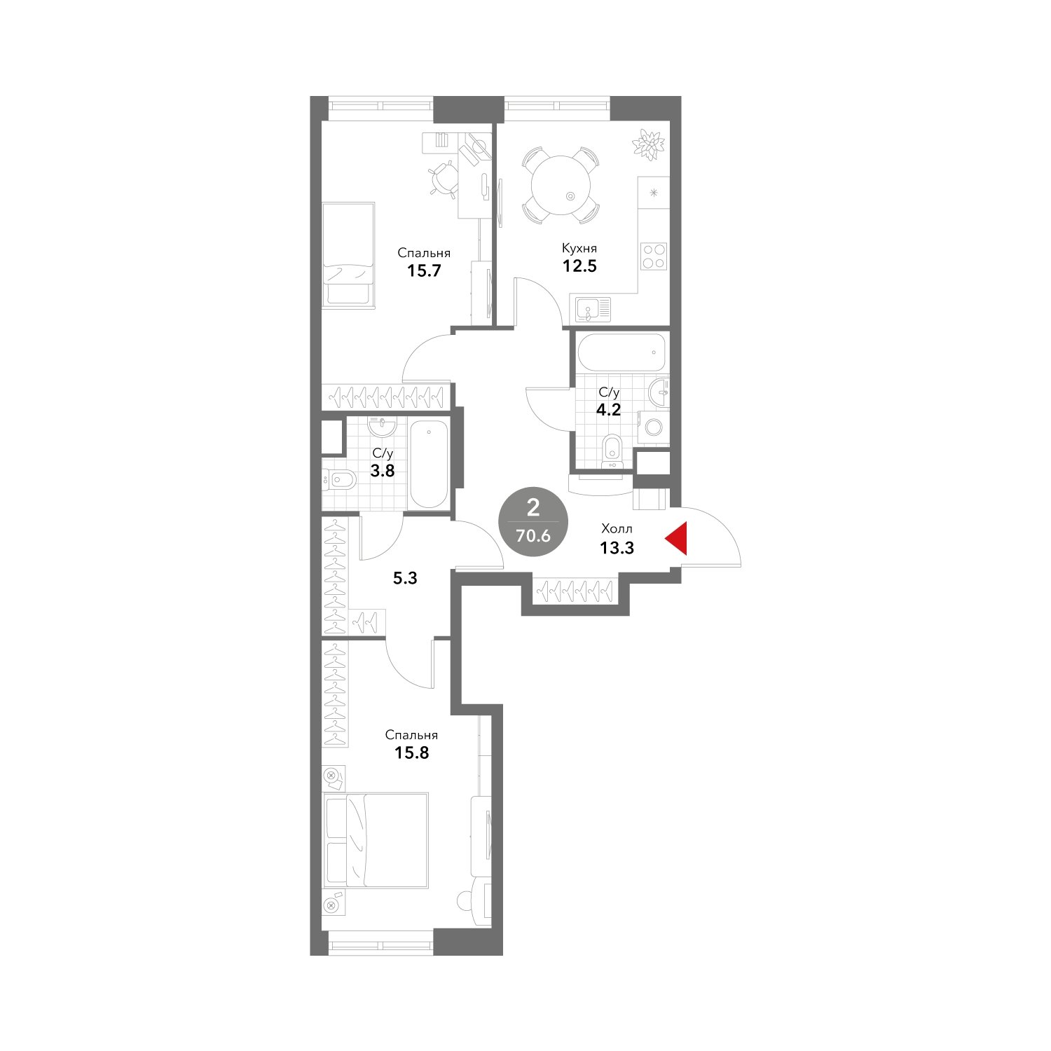 2-комнатная квартира без отделки, 70.6 м2, 7 этаж, сдача 3 квартал 2025 г., ЖК VOXHALL, корпус 2 - объявление 1981834 - фото №1