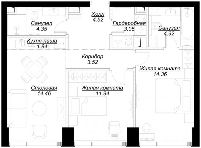 2-комнатная квартира с частичной отделкой, 62.84 м2, 4 этаж, сдача 4 квартал 2024 г., ЖК MOD, корпус Mod.D - объявление 1789951 - фото №1