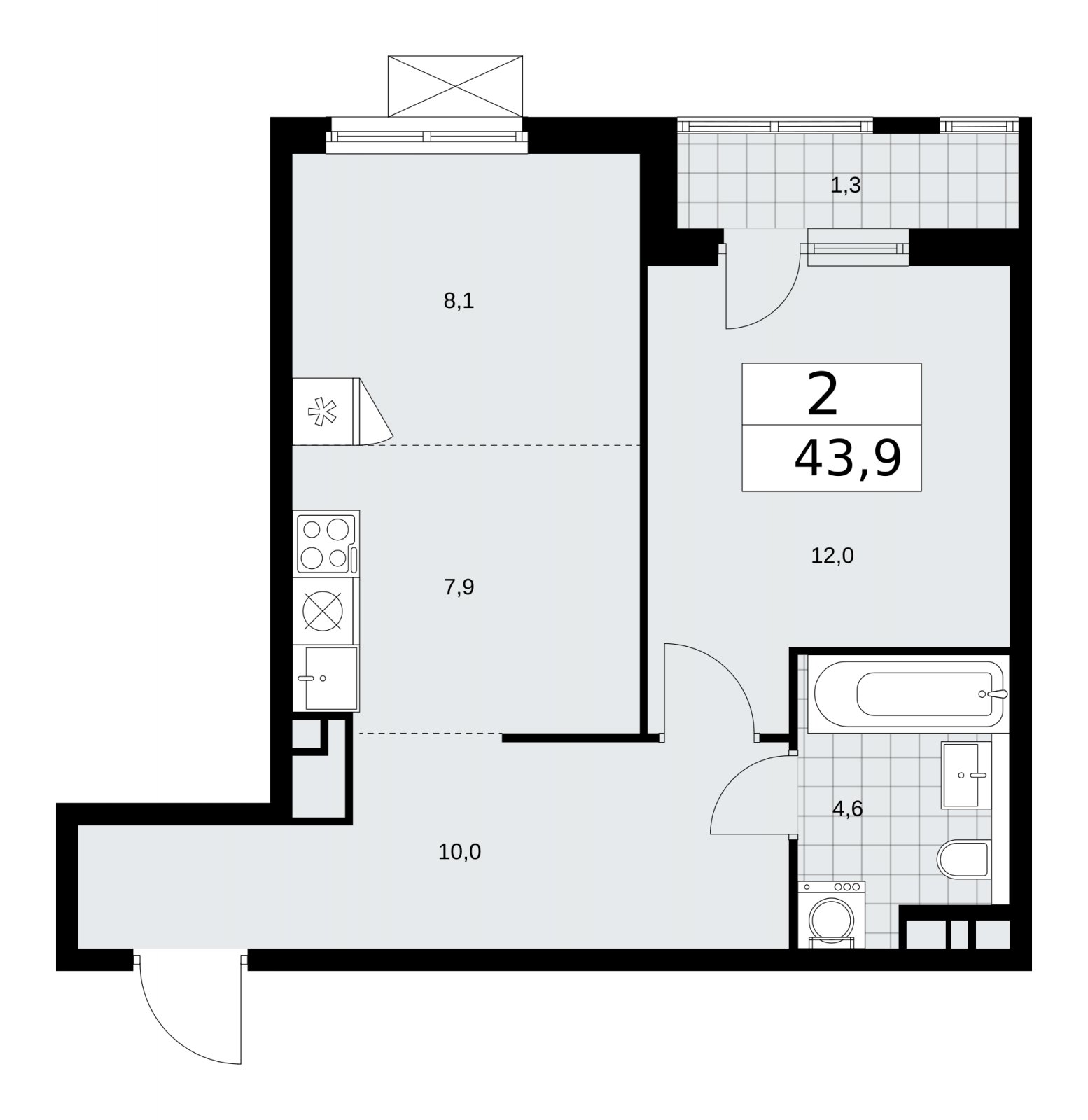 2-комнатная квартира (евро) с частичной отделкой, 43.9 м2, 9 этаж, сдача 2 квартал 2026 г., ЖК Прокшино, корпус 11.2.3 - объявление 2270387 - фото №1
