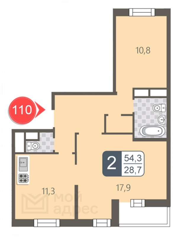 2-комнатная квартира с полной отделкой, 54.3 м2, 3 этаж, дом сдан, ЖК мой адрес В Зеленограде, корпус 2032 - объявление 1853430 - фото №1