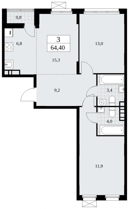 3-комнатная квартира (евро) с частичной отделкой, 64.4 м2, 5 этаж, сдача 3 квартал 2025 г., ЖК Дзен-кварталы, корпус 2.2 - объявление 1932383 - фото №1