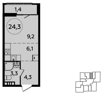 Студия без отделки, 24.3 м2, 7 этаж, сдача 4 квартал 2023 г., ЖК Южные сады, корпус 1.4 - объявление 1985391 - фото №1