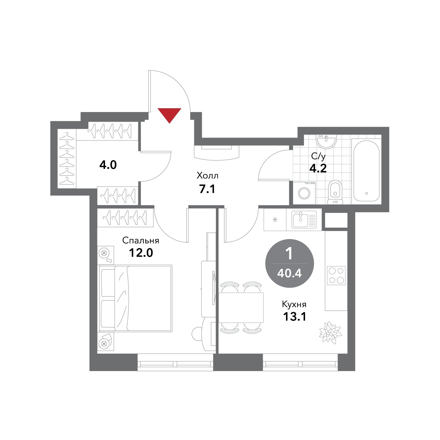 1-комнатная квартира без отделки, 40.4 м2, 5 этаж, сдача 3 квартал 2025 г., ЖК VOXHALL, корпус 2 - объявление 1981090 - фото №1