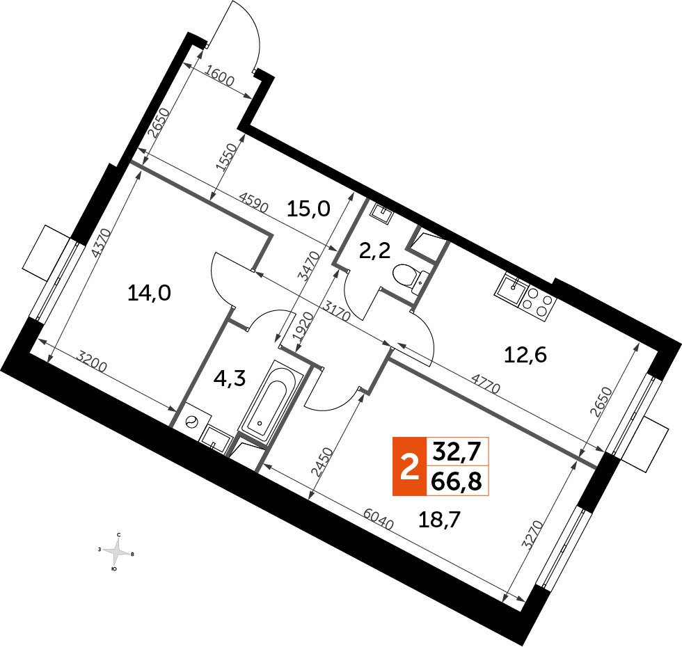 2-комнатная квартира без отделки, 67.1 м2, 1 этаж, дом сдан, ЖК UP-квартал Римский, корпус 7 - объявление 2353971 - фото №1