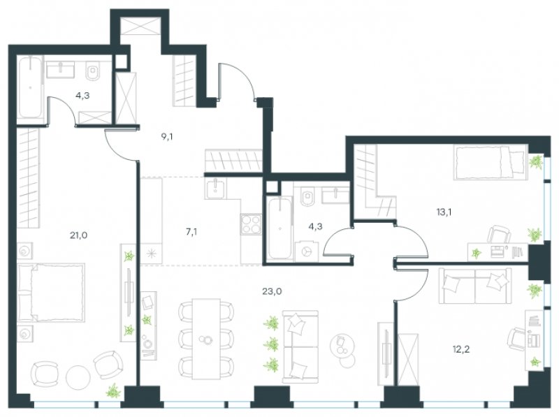 4-комнатная квартира (евро) с частичной отделкой, 94.1 м2, 16 этаж, сдача 4 квартал 2024 г., ЖК Level Мичуринский, корпус 5 - объявление 1663626 - фото №1