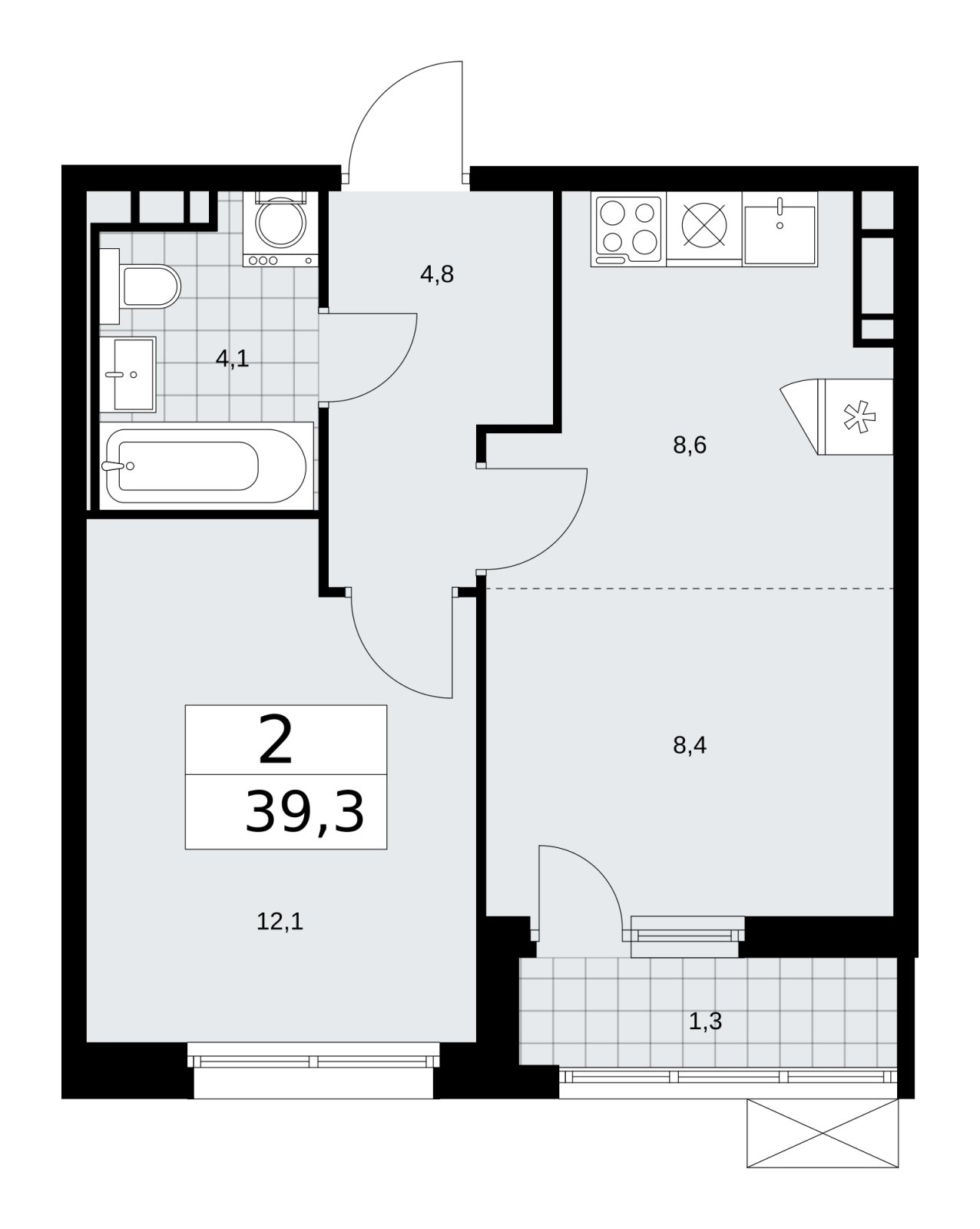2-комнатная квартира (евро) без отделки, 39.3 м2, 9 этаж, сдача 2 квартал 2026 г., ЖК Скандинавия, корпус 25.4 - объявление 2284056 - фото №1