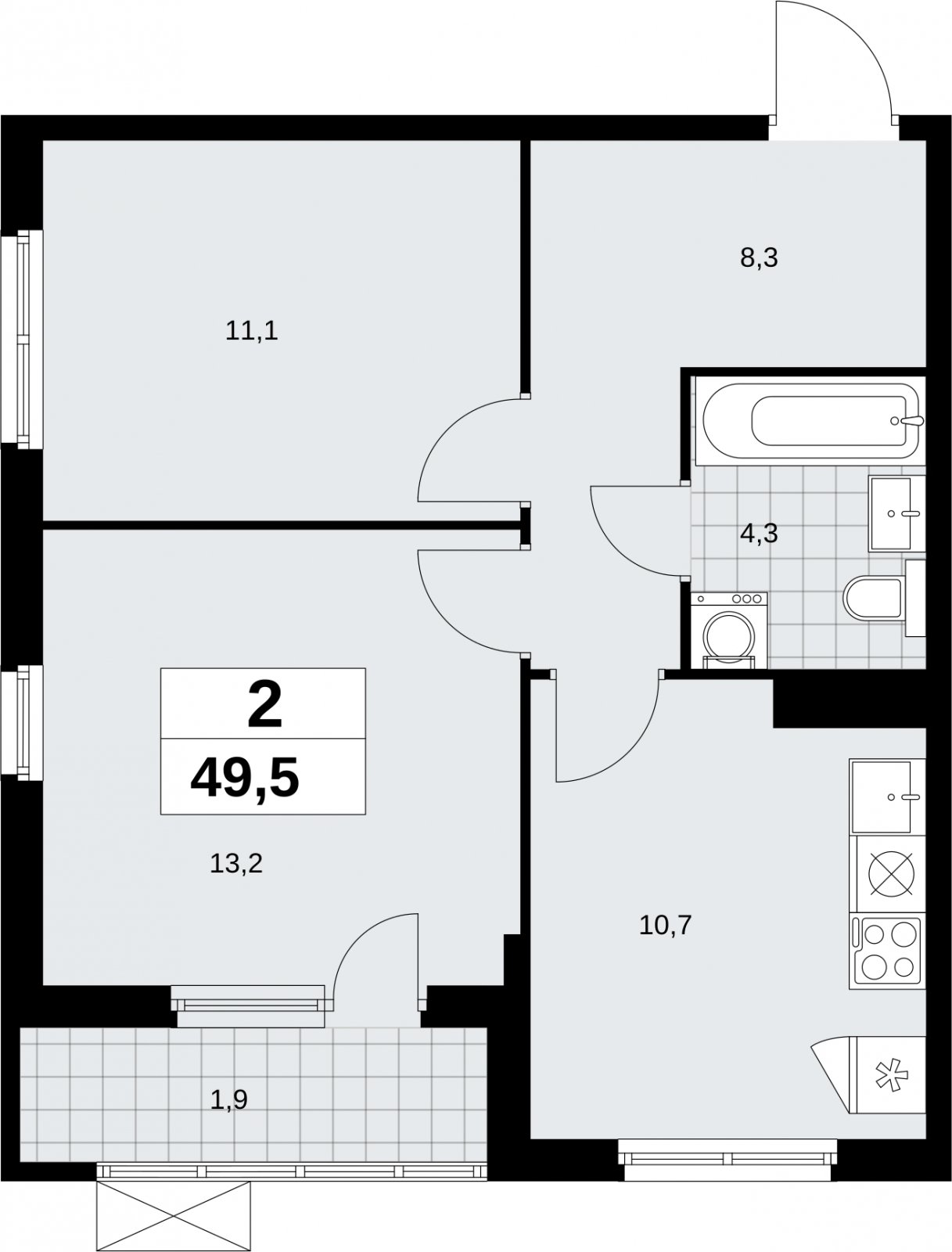 2-комнатная квартира без отделки, 49.5 м2, 10 этаж, сдача 2 квартал 2026 г., ЖК Дзен-кварталы, корпус 6.1.2 - объявление 2327290 - фото №1