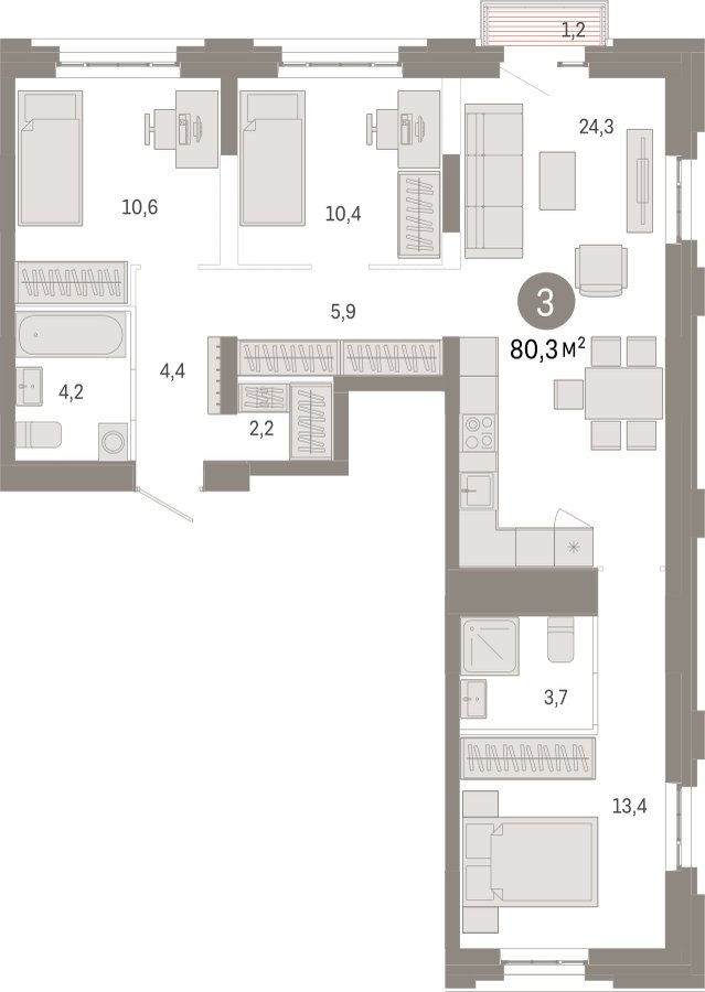3-комнатная квартира с частичной отделкой, 80.3 м2, 3 этаж, сдача 3 квартал 2026 г., ЖК Квартал Метроном, корпус 1 - объявление 2330983 - фото №1