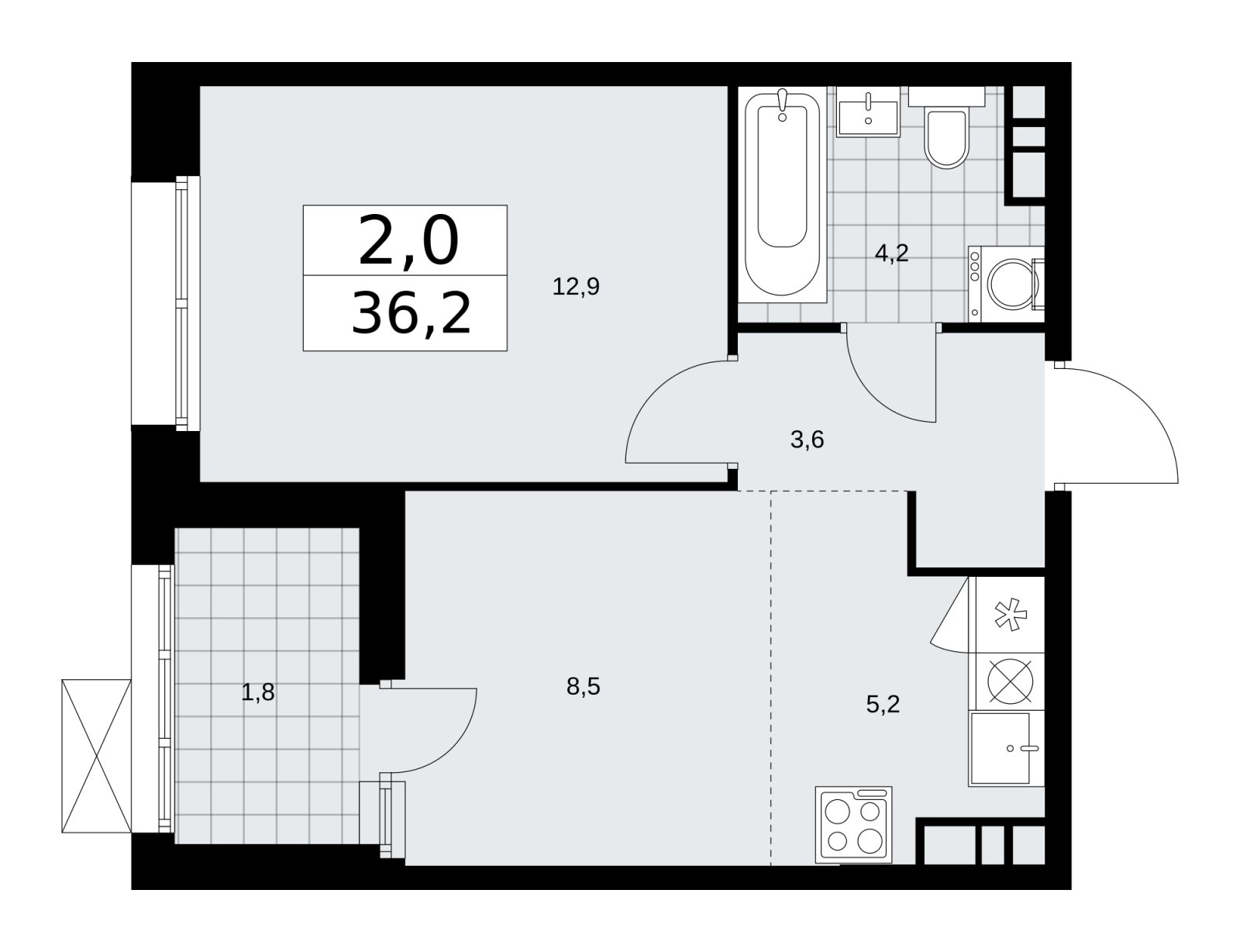 2-комнатная квартира (евро) с частичной отделкой, 36.2 м2, 15 этаж, сдача 1 квартал 2026 г., ЖК Бунинские кварталы, корпус 6.1 - объявление 2252481 - фото №1