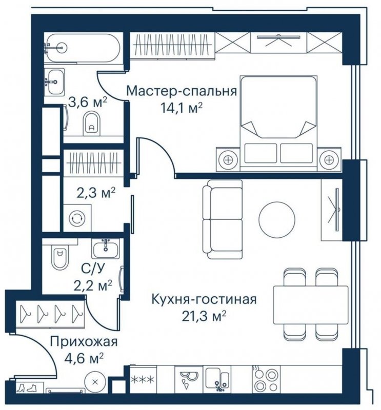 1-комнатная квартира с частичной отделкой, 47.93 м2, 13 этаж, сдача 2 квартал 2023 г., ЖК City Bay, корпус Indian Ocean 2 - объявление 1671440 - фото №1