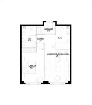 1-комнатная квартира с частичной отделкой, 55.1 м2, 22 этаж, сдача 1 квартал 2023 г., ЖК Hide, корпус WestDale - объявление 1932885 - фото №1