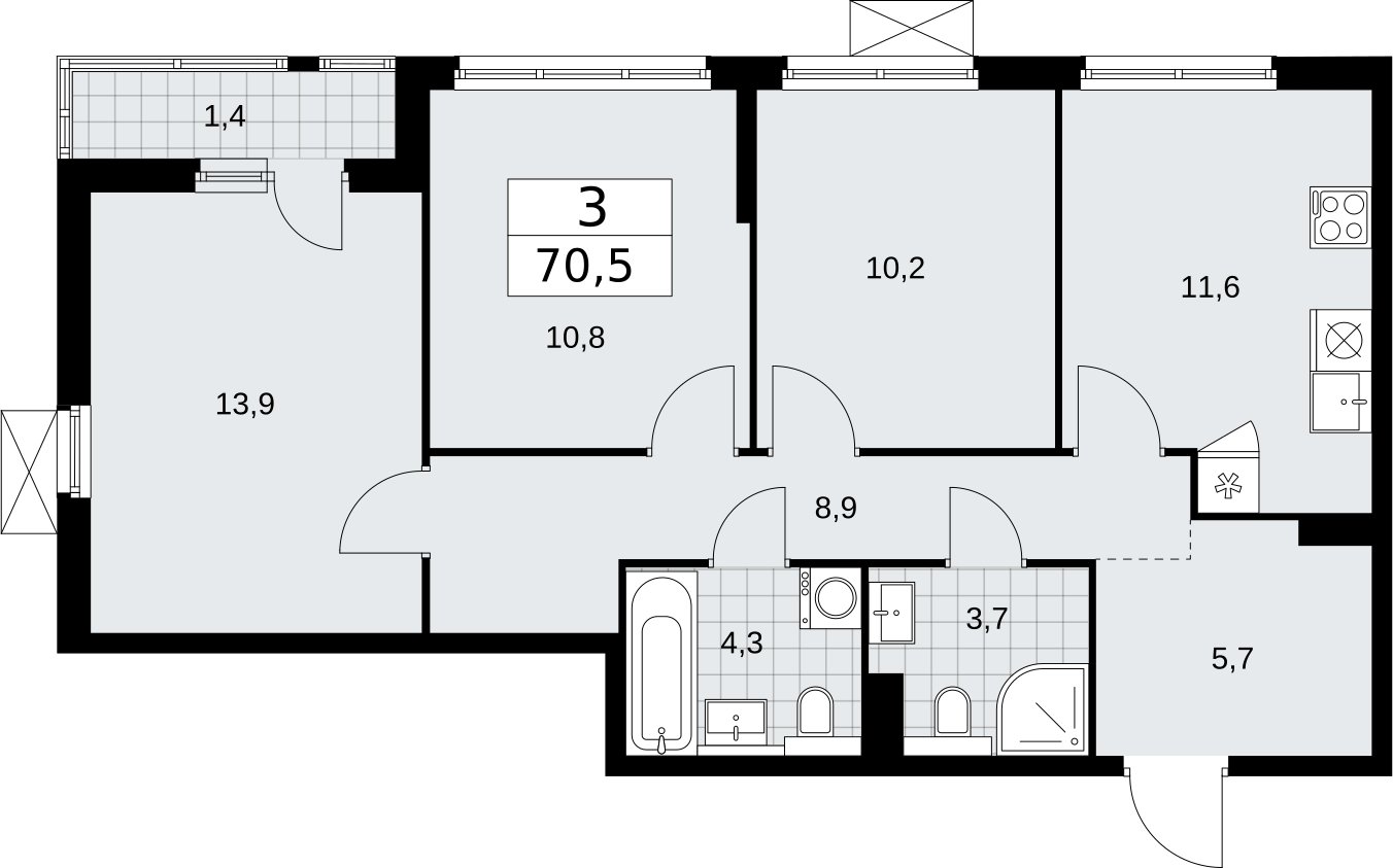 3-комнатная квартира без отделки, 70.5 м2, 4 этаж, сдача 2 квартал 2026 г., ЖК Бунинские кварталы, корпус 7.3 - объявление 2313851 - фото №1