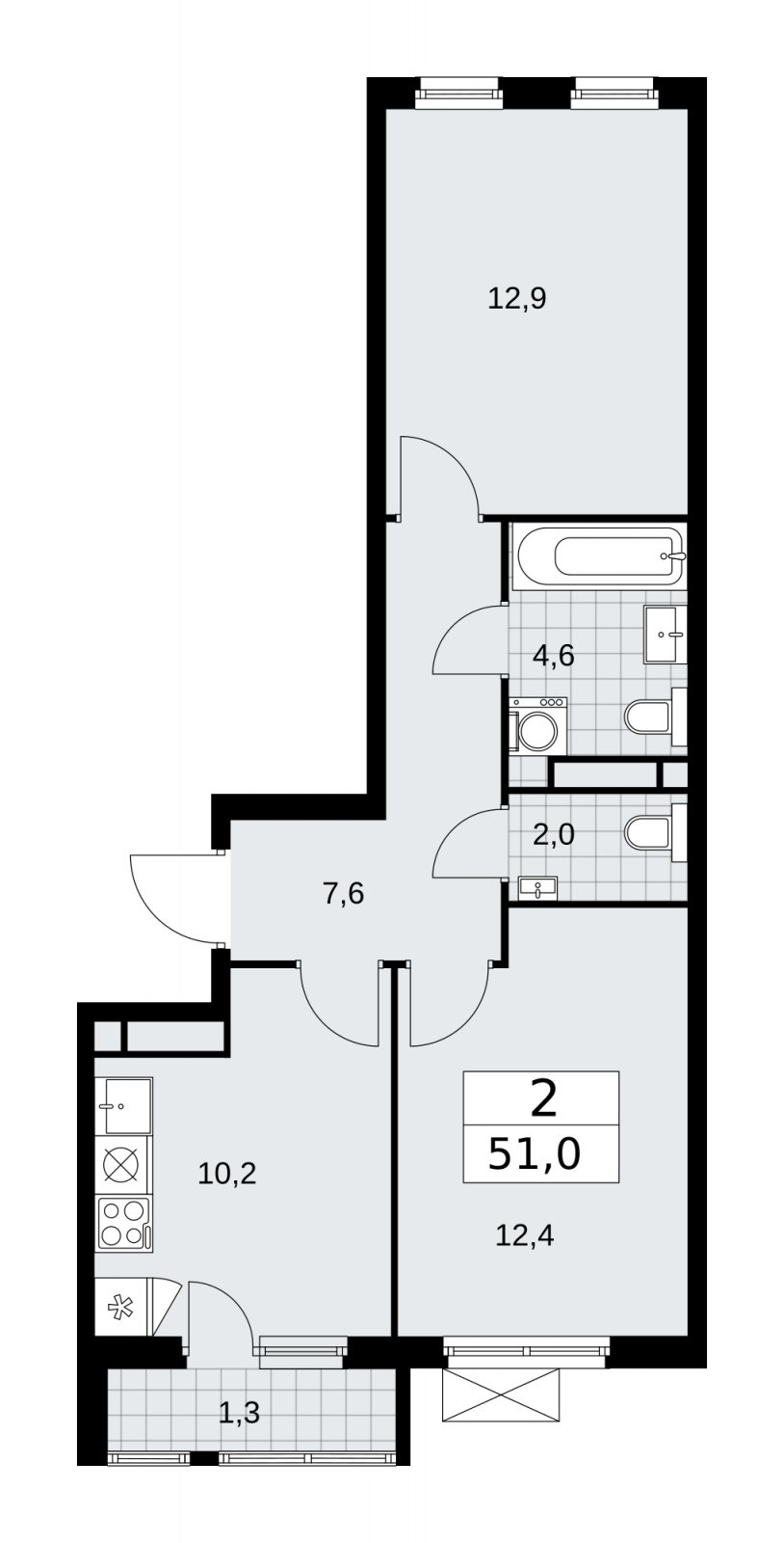 2-комнатная квартира без отделки, 51 м2, 10 этаж, сдача 4 квартал 2025 г., ЖК Прокшино, корпус 11.1.4 - объявление 2257677 - фото №1