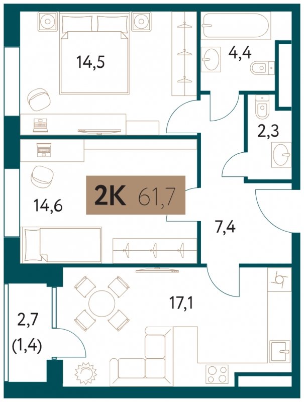 2-комнатная квартира 61.7 м2, 20 этаж, сдача 4 квартал 2022 г., ЖК Настоящее, корпус 1 - объявление 1751657 - фото №1