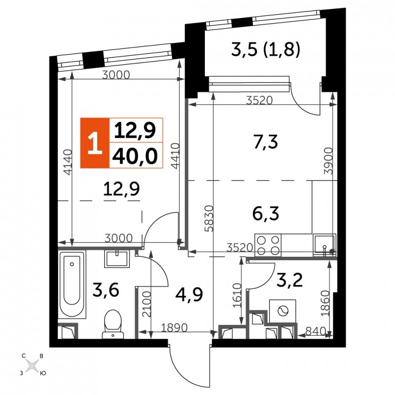 1-комнатная квартира с частичной отделкой, 40 м2, 3 этаж, сдача 4 квартал 2024 г., ЖК ROTTERDAM, корпус 2.3 - объявление 1954405 - фото №1