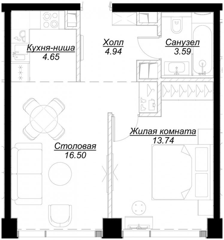 1-комнатная квартира с частичной отделкой, 43.34 м2, 24 этаж, сдача 4 квартал 2024 г., ЖК MOD, корпус Mod.M - объявление 1788231 - фото №1