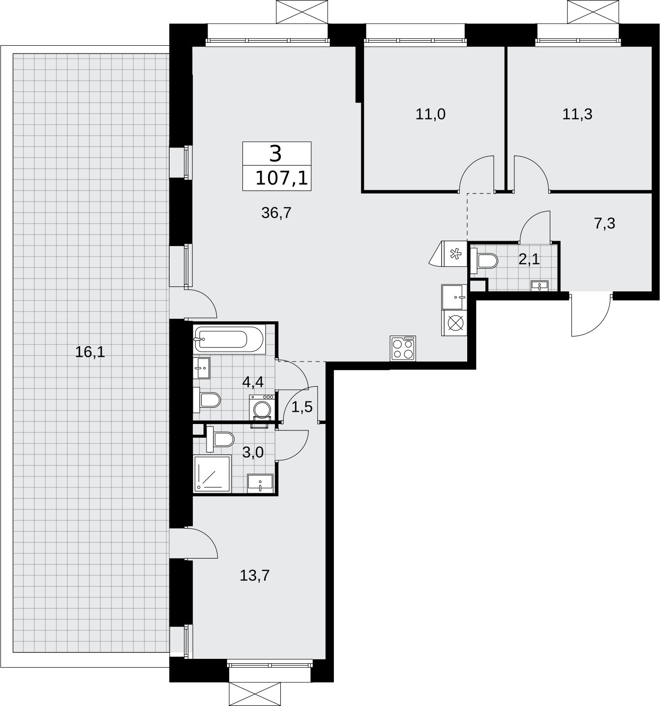 3-комнатная квартира без отделки, 107.1 м2, 2 этаж, сдача 4 квартал 2025 г., ЖК Бунинские кварталы, корпус 6.4 - объявление 2334155 - фото №1