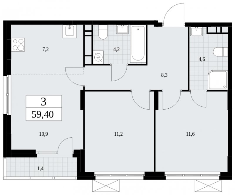 3-комнатная квартира (евро) с частичной отделкой, 59.4 м2, 12 этаж, сдача 4 квартал 2024 г., ЖК Скандинавия, корпус 35.1.1 - объявление 1780173 - фото №1