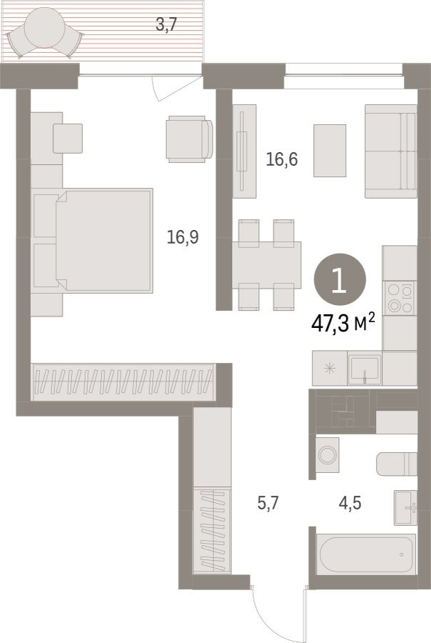 1-комнатная квартира с частичной отделкой, 47.27 м2, 9 этаж, сдача 1 квартал 2025 г., ЖК Первый квартал, корпус Дом 5 - объявление 2335028 - фото №1