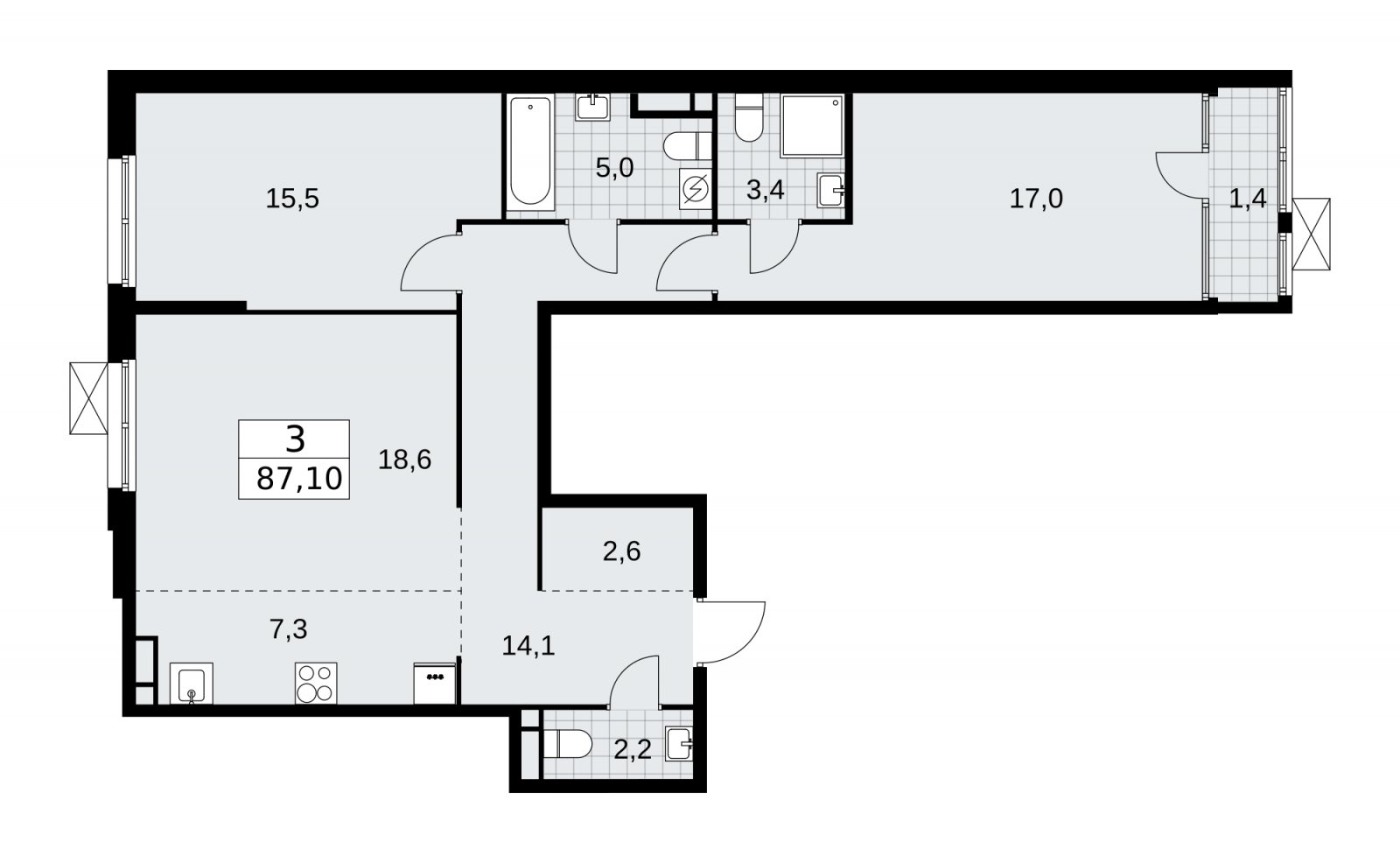 3-комнатная квартира (евро) с частичной отделкой, 87.1 м2, 15 этаж, сдача 1 квартал 2026 г., ЖК Дом на Зорге, корпус 25 - объявление 2221135 - фото №1