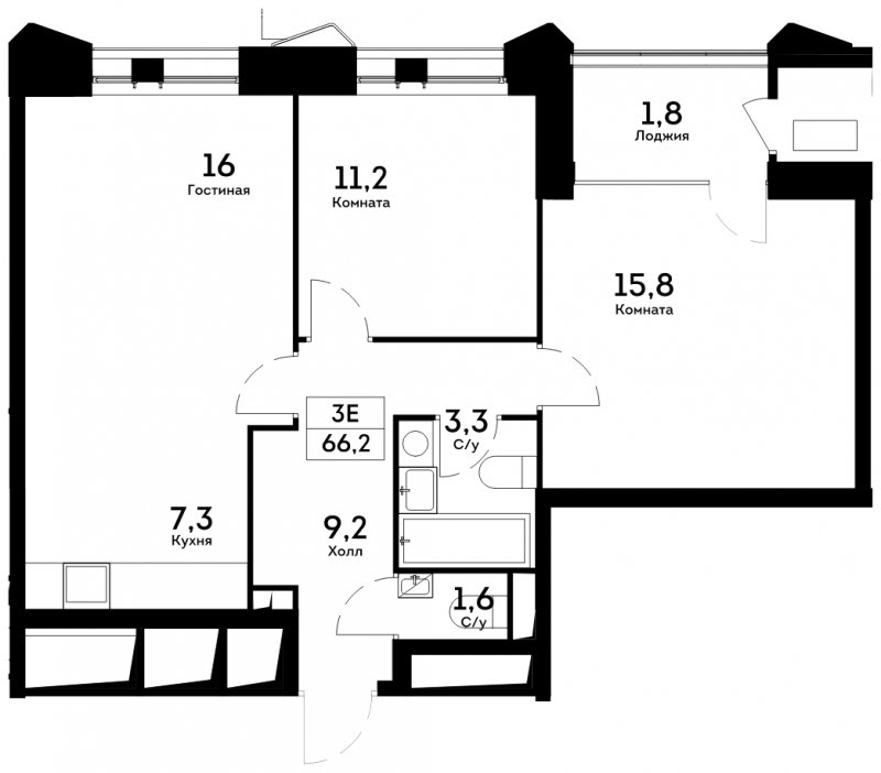 3-комнатная квартира 66.2 м2, 6 этаж, сдача 4 квартал 2022 г., ЖК Квартал на набережной NOW, корпус 1.3 - объявление 1753368 - фото №1