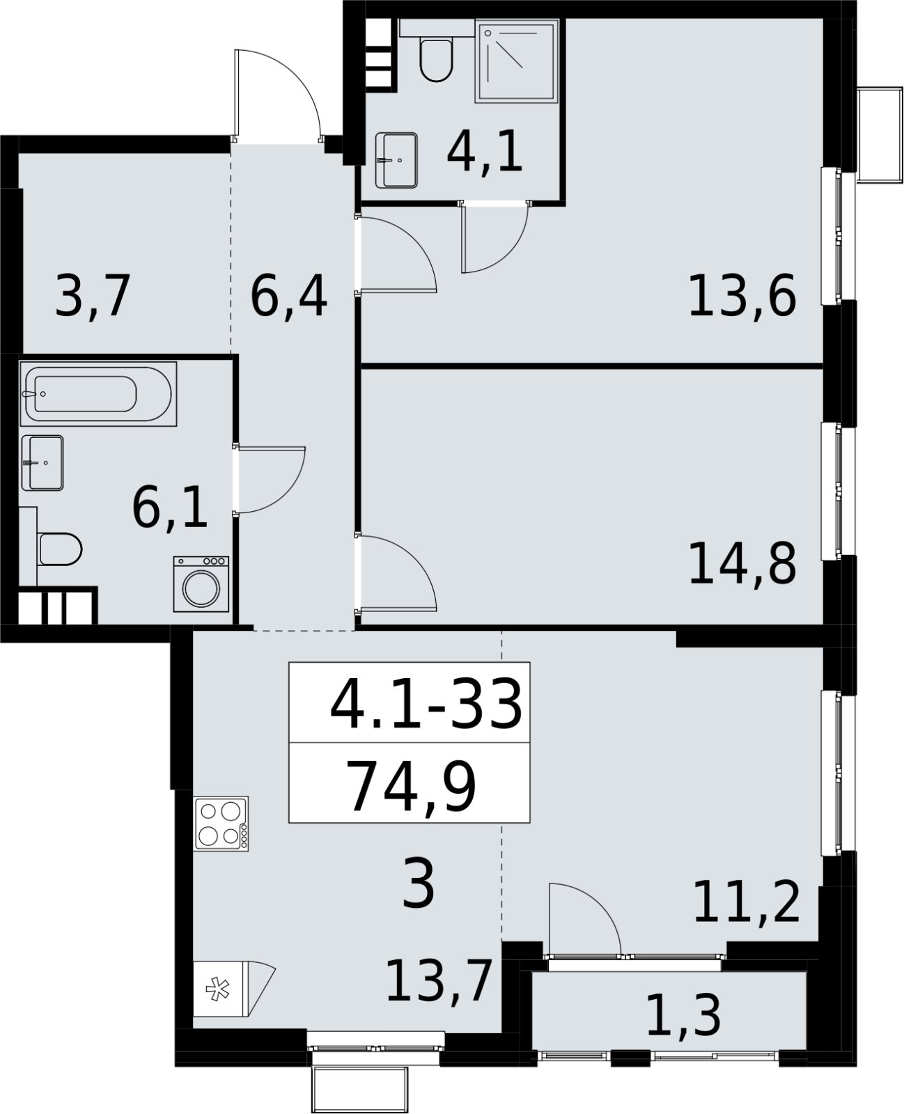 3-комнатная квартира (евро) с полной отделкой, 74.9 м2, 7 этаж, сдача 2 квартал 2027 г., ЖК Южные сады, корпус 4.1.1 - объявление 2392574 - фото №1