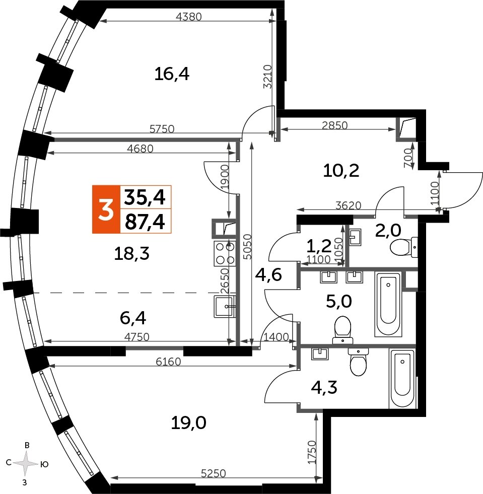 2-комнатная квартира с частичной отделкой, 87.4 м2, 32 этаж, сдача 3 квартал 2024 г., ЖК Sydney City, корпус 2.2 - объявление 2207372 - фото №1