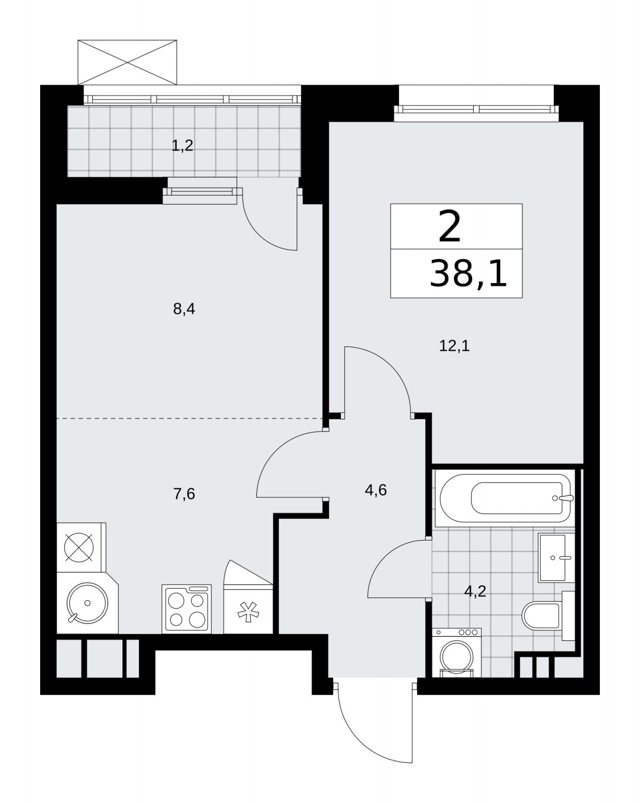 2-комнатная квартира (евро) без отделки, 38.1 м2, 4 этаж, сдача 2 квартал 2026 г., ЖК Скандинавия, корпус 25.5 - объявление 2283627 - фото №1