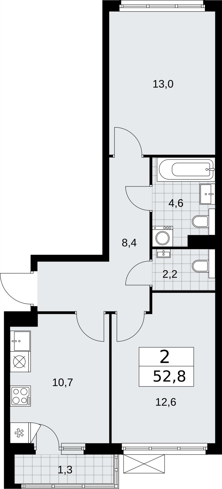2-комнатная квартира с полной отделкой, 52.8 м2, 7 этаж, сдача 2 квартал 2026 г., ЖК Бунинские кварталы, корпус 7.1 - объявление 2319365 - фото №1