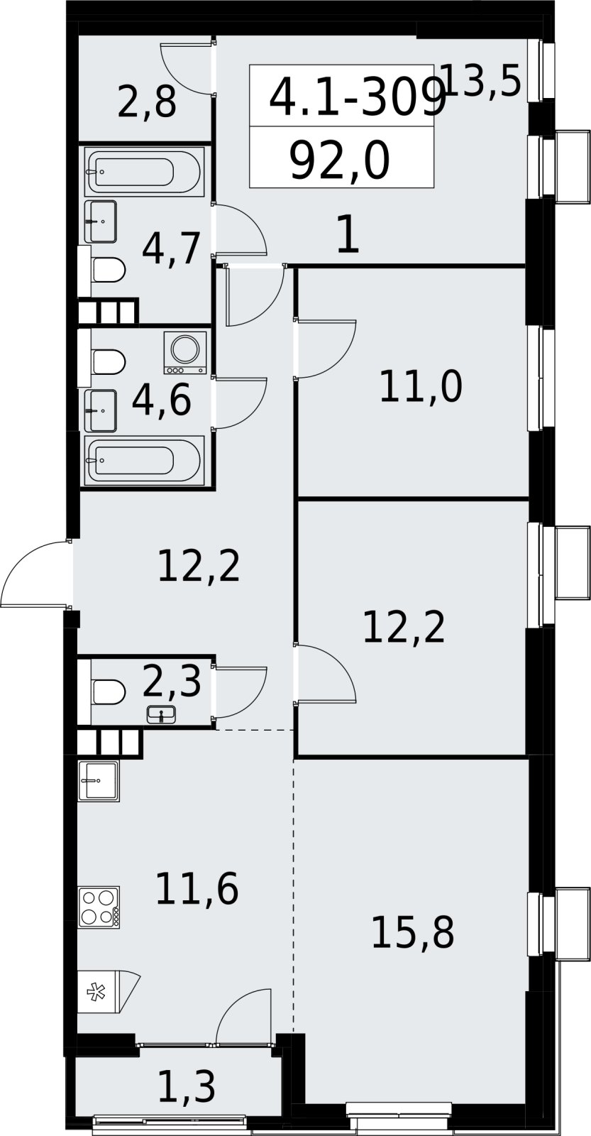 4-комнатная квартира (евро) с полной отделкой, 92 м2, 10 этаж, сдача 2 квартал 2027 г., ЖК Южные сады, корпус 4.1.2 - объявление 2392817 - фото №1