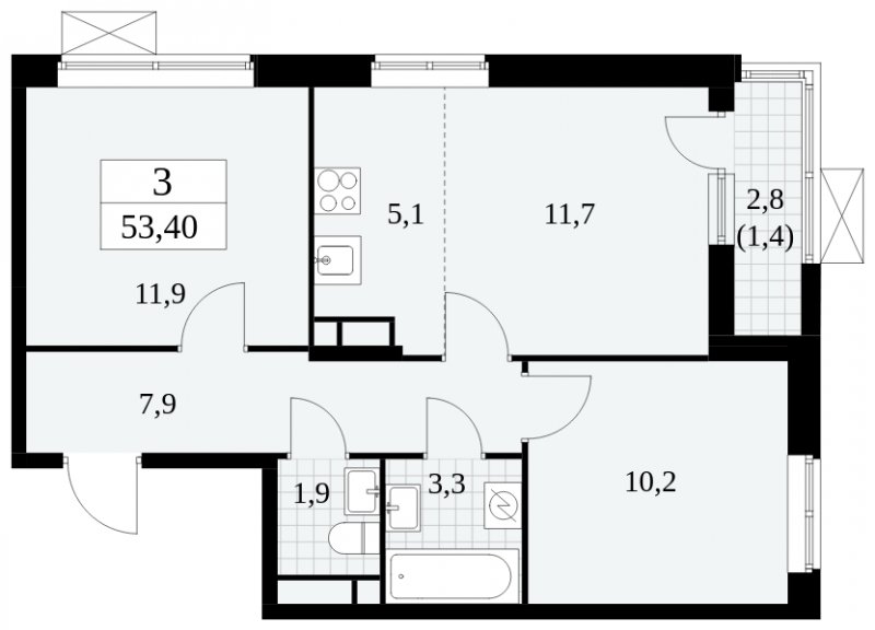 3-комнатная квартира (евро) с частичной отделкой, 53.4 м2, 6 этаж, сдача 2 квартал 2025 г., ЖК Прокшино, корпус 5.1.1 - объявление 1859855 - фото №1