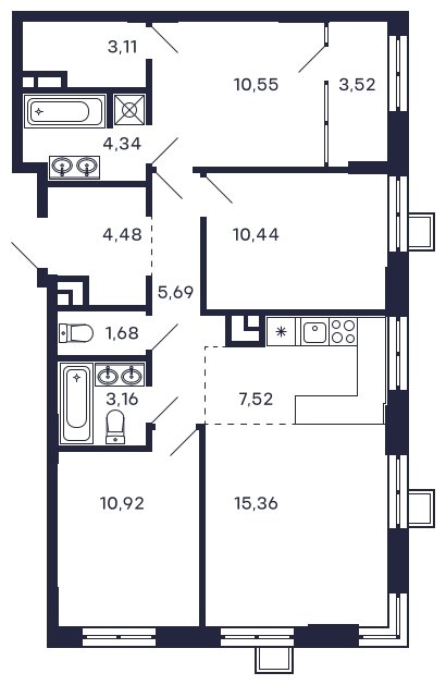 3-комнатная квартира без отделки, 80.77 м2, 9 этаж, сдача 2 квартал 2025 г., ЖК Квартал Тетрис, корпус "Квартал Тетрис 2.1" - объявление 2287312 - фото №1