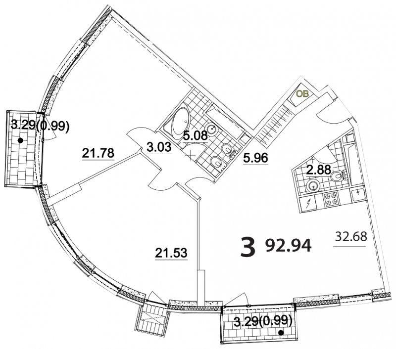 3-комнатная квартира (евро) без отделки, 92.94 м2, 15 этаж, дом сдан, ЖК Апарт-комплекс Nakhimov, корпус 3 - объявление 1330719 - фото №1