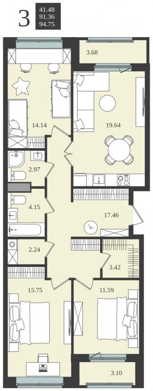 3-комнатная квартира без отделки, 94.75 м2, 1 этаж, сдача 1 квартал 2024 г., ЖК Мишино-2, корпус 8 - объявление 1748203 - фото №1