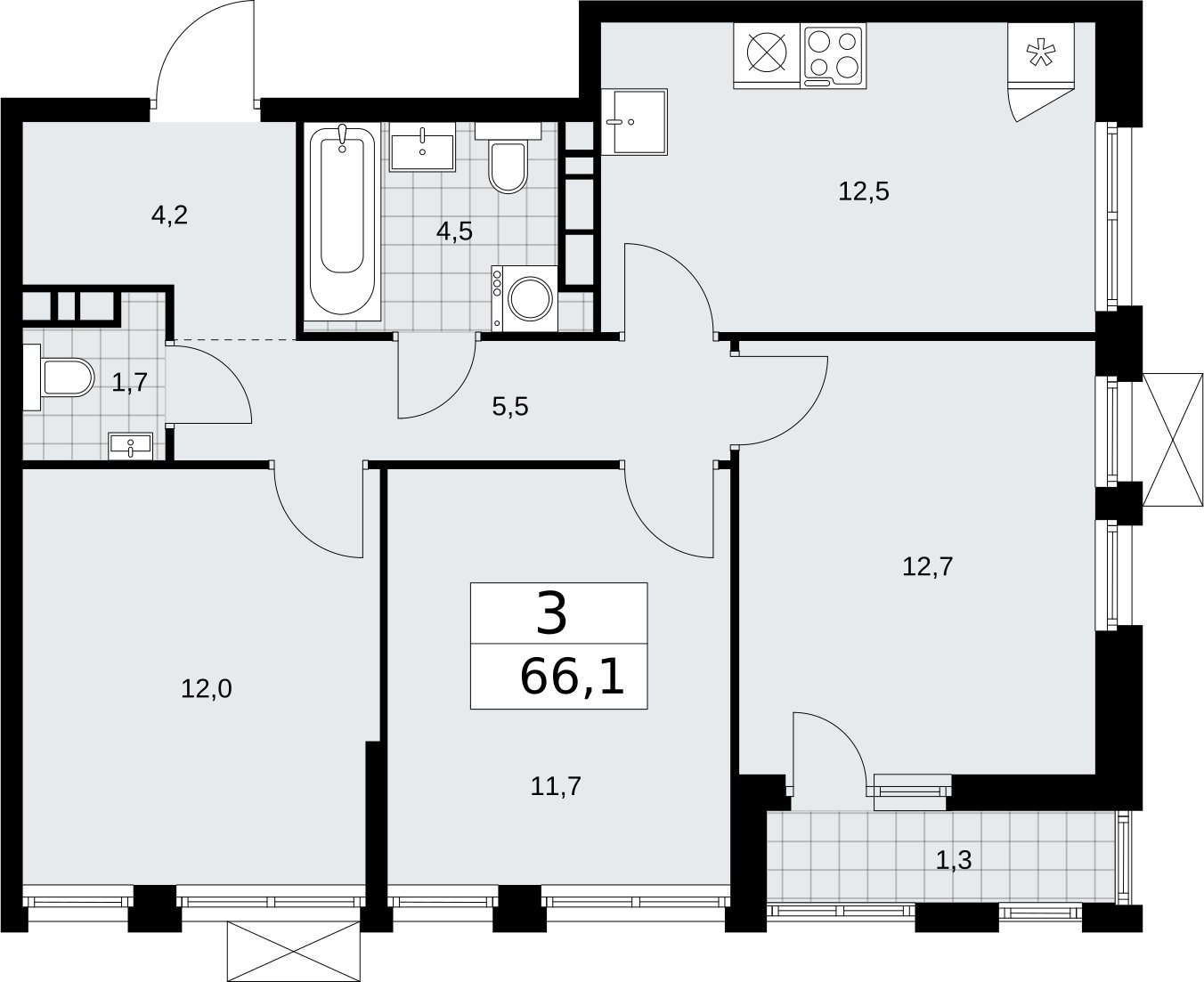 3-комнатная квартира без отделки, 66.1 м2, 7 этаж, сдача 2 квартал 2026 г., ЖК Бунинские кварталы, корпус 5.4 - объявление 2297884 - фото №1