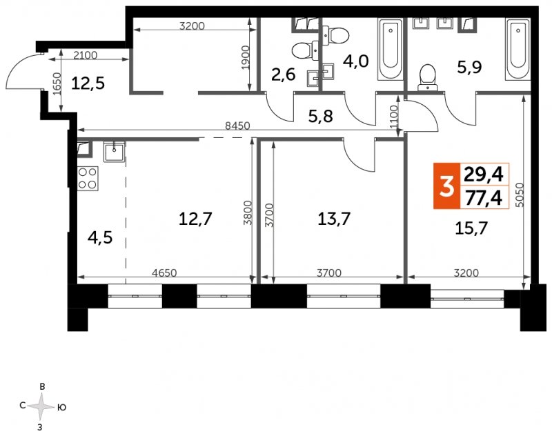 2-комнатная квартира с частичной отделкой, 77.4 м2, 19 этаж, сдача 3 квартал 2024 г., ЖК Sydney City, корпус 2.2 - объявление 1695089 - фото №1