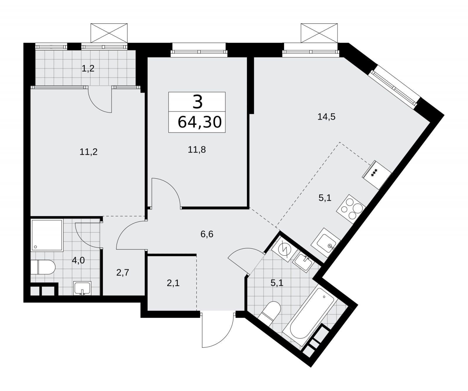 3-комнатная квартира (евро) с частичной отделкой, 64.3 м2, 3 этаж, сдача 1 квартал 2026 г., ЖК Дом на Зорге, корпус 25 - объявление 2221164 - фото №1