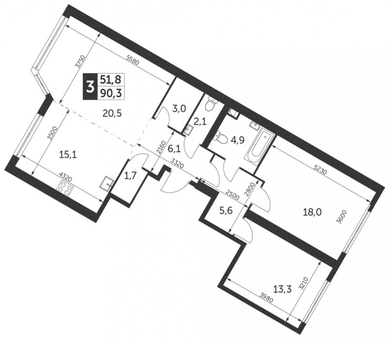3-комнатная квартира без отделки, 90.3 м2, 43 этаж, сдача 4 квартал 2023 г., ЖК Архитектор, корпус 1 - объявление 1694299 - фото №1