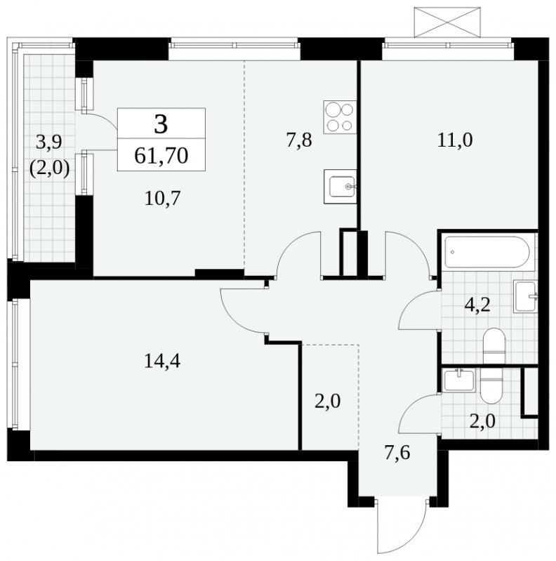 3-комнатная квартира (евро) без отделки, 61.7 м2, 3 этаж, сдача 3 квартал 2024 г., ЖК Прокшино, корпус 8.6 - объявление 1684473 - фото №1