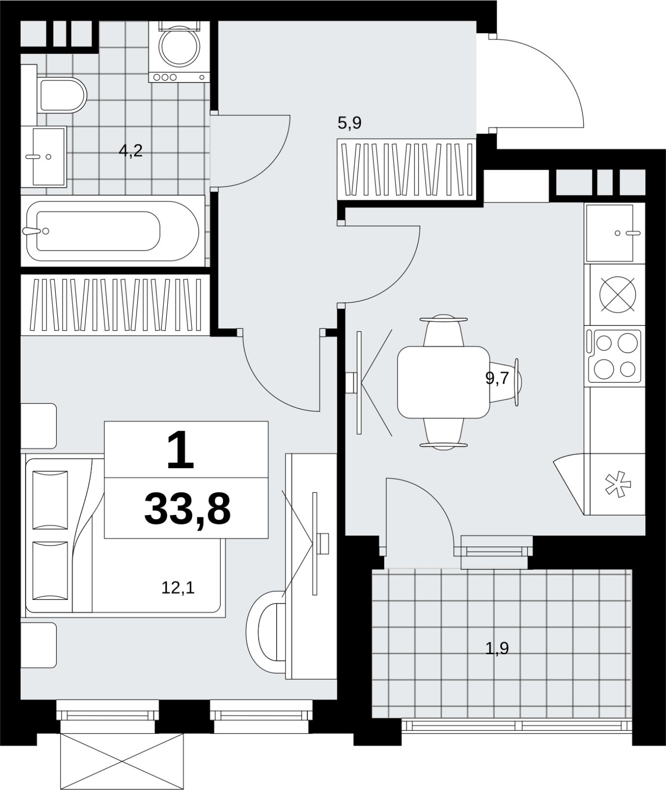 1-комнатная квартира без отделки, 33.8 м2, 12 этаж, сдача 4 квартал 2026 г., ЖК Скандинавия, корпус 2.18.2.6 - объявление 2351806 - фото №1