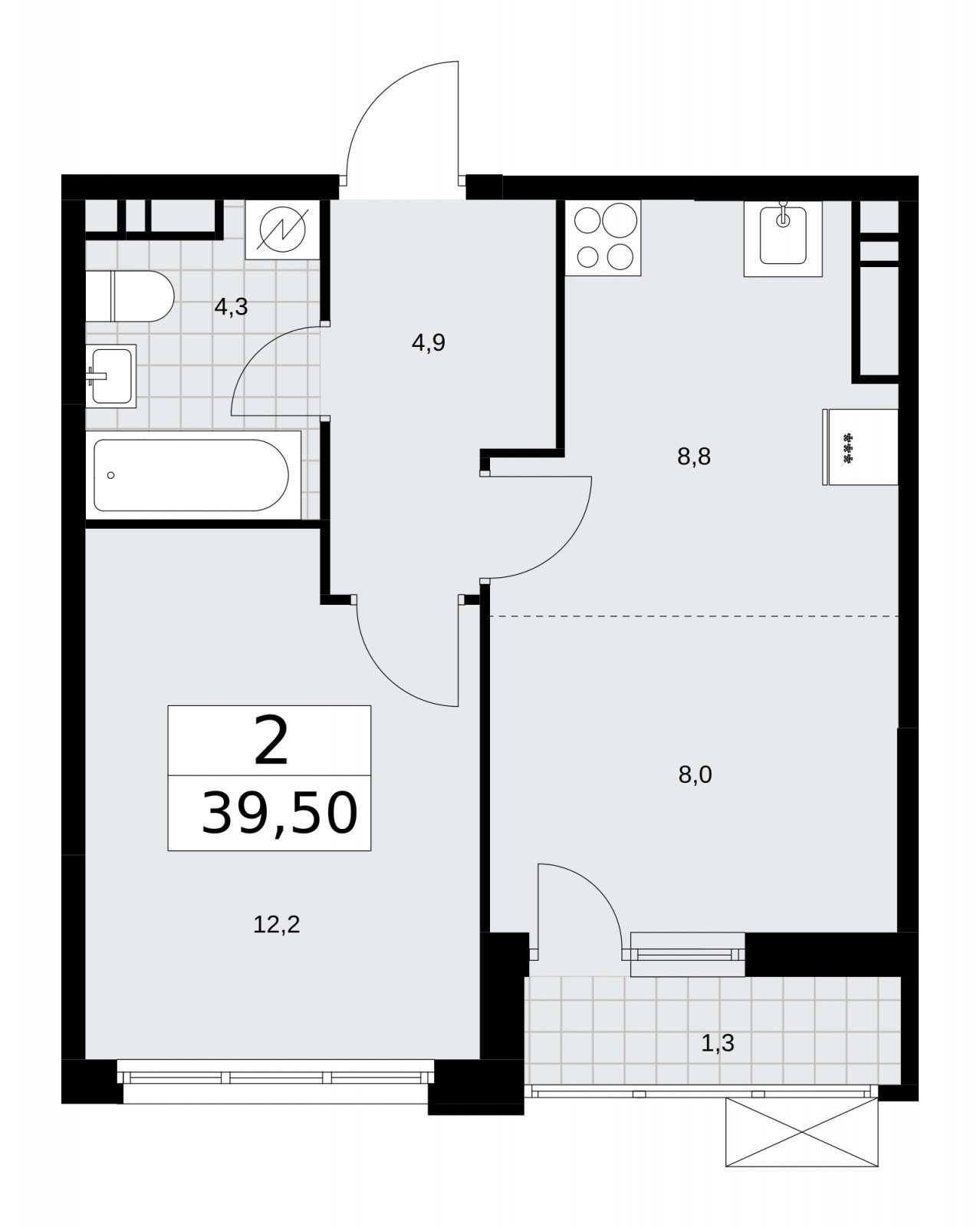 2-комнатная квартира (евро) без отделки, 39.5 м2, 13 этаж, сдача 3 квартал 2025 г., ЖК Скандинавия, корпус 28.1 - объявление 2201921 - фото №1