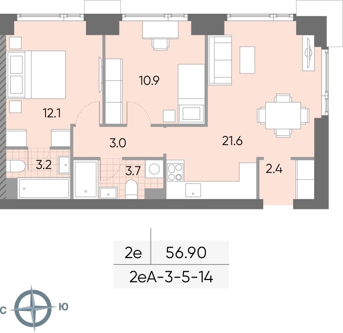 2-комнатная квартира 56.9 м2, 5 этаж, сдача 2 квартал 2026 г., ЖК WAVE, корпус 1 - объявление 2216686 - фото №1