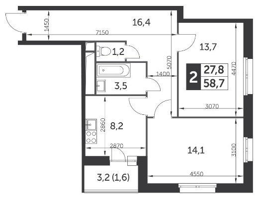 2-комнатная квартира без отделки, 58.7 м2, 8 этаж, дом сдан, ЖК Настроение, корпус 1 - объявление 1580139 - фото №1