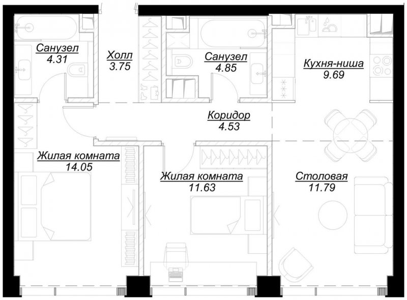 2-комнатная квартира с частичной отделкой, 64.48 м2, 30 этаж, сдача 4 квартал 2024 г., ЖК MOD, корпус Mod.M - объявление 1788347 - фото №1