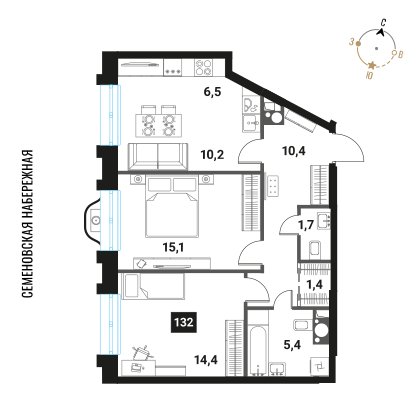 3-комнатная квартира без отделки, 65.1 м2, 14 этаж, дом сдан, ЖК Интеллигент, корпус 1 - объявление 2421345 - фото №1