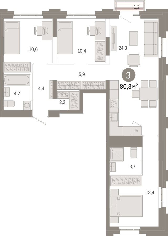 3-комнатная квартира с частичной отделкой, 80.3 м2, 4 этаж, сдача 3 квартал 2026 г., ЖК Квартал Метроном, корпус 1 - объявление 2330987 - фото №1