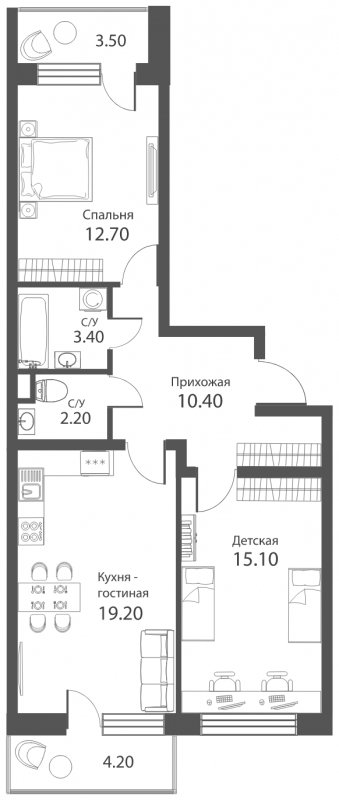 3-комнатная квартира (евро) с частичной отделкой, 66 м2, 2 этаж, сдача 2 квартал 2022 г., ЖК Аквилон PARK, корпус 1 - объявление 1700405 - фото №1