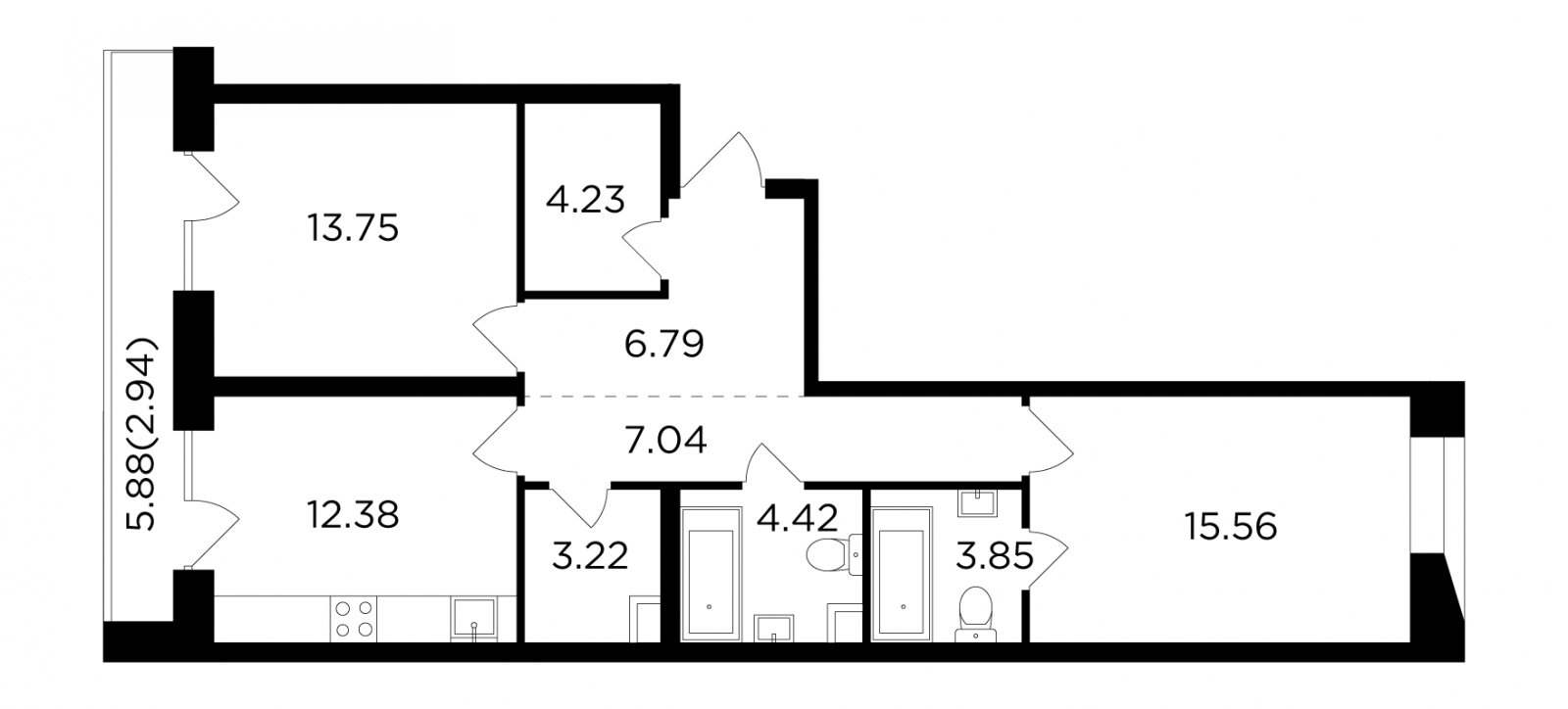 2-комнатная квартира без отделки, 74.18 м2, 11 этаж, сдача 4 квартал 2023 г., ЖК FORIVER, корпус 9 - объявление 2139115 - фото №1