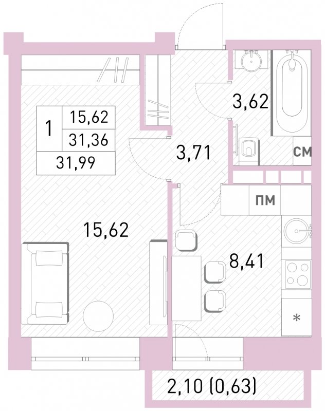 1-комнатная квартира с полной отделкой, 31.99 м2, 13 этаж, сдача 2 квартал 2023 г., ЖК Столичный, корпус 24 - объявление 1650917 - фото №1