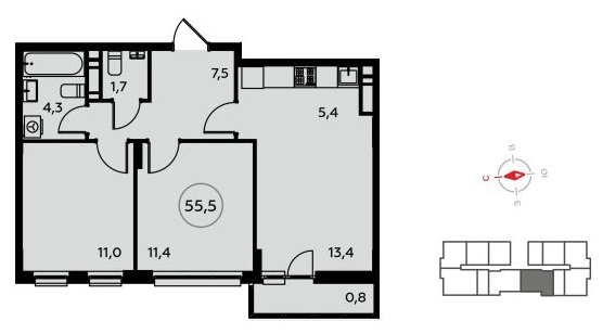 3-комнатная квартира (евро) с полной отделкой, 55.5 м2, 14 этаж, сдача 1 квартал 2023 г., ЖК Белые ночи, корпус 3.1 - объявление 1408589 - фото №1